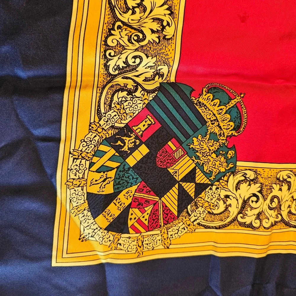 Vintage 1986 Ginnie Johansen Silk Scarf Heraldic Crest Red Navy Gold Japan